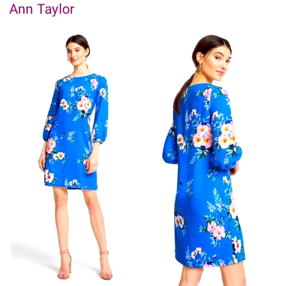 Ann Taylor Poppy Lantern Sleeve Floral Shift Dress In Seashore Blue SZ 0P! - Picture 3 of 12